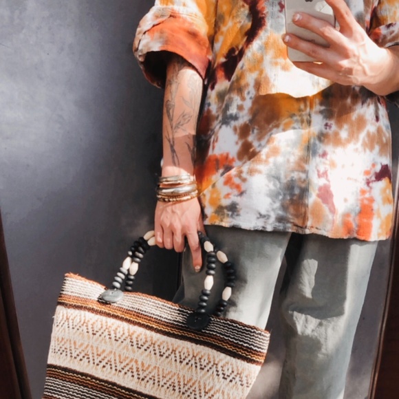 Fall Tone Custom Tie Dye Flare Sleeve Bohemian Peasant 3/4 Sleeve Top - Picture 9 of 10